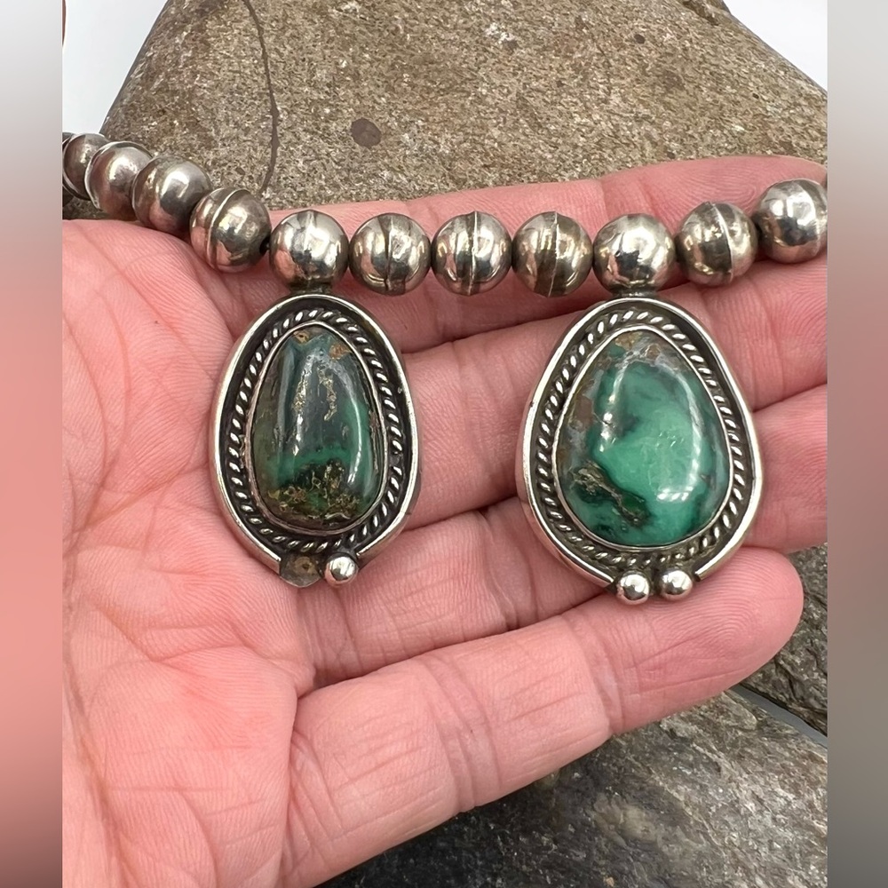 Navajo Sterling Silver Natural Green Damele Turquoise Beaded Bib Choker Necklace - Picture 6 of 9